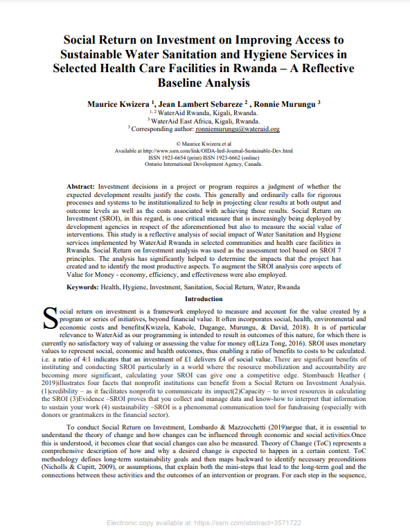 SROI on Improving Access to Sustainable Water Sanitation and Hygiene Services in Selected Health Care Facilities in Rwanda