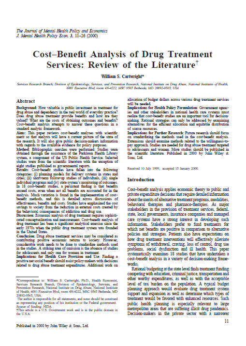 Cost-Benefit Analysis of Drug Treatment Services: Review of the Literature