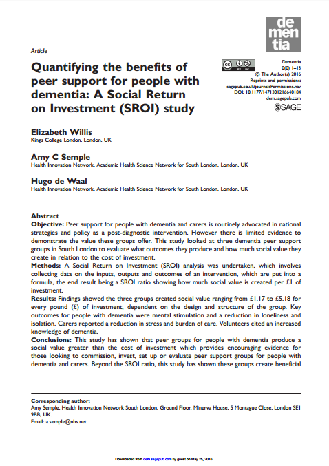 Quantifying the benefits of peer support for people with dementia: A Social Return on Investment (SROI) study