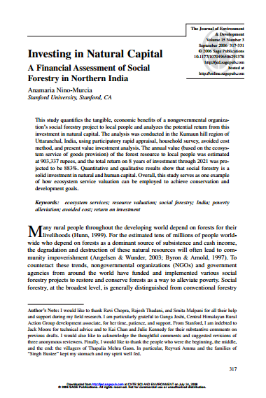 Investing in Natural Capital: A financial assessment of social forestry in Northern India