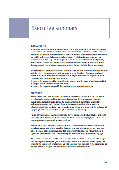 Executive Summary for Paying the Price: the cost of mental health in England to 2026