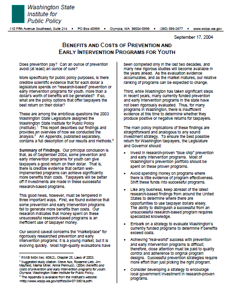 Benefits and Costs of Prevention and Early Intervention Programs for Youth